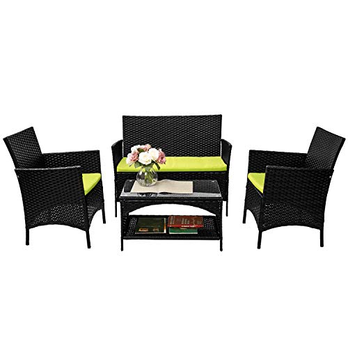 Merax 4 PCS Cushioned Outdoor PE Wicker Patio Set Garden Lawn Rattan Sofa Furniture Conversation Set (Green)