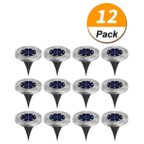 [ 12 Pack] Solar Ground Lights,Solar Garden Light,8 LED Garden Pathway Outdoor In-Ground Lights,Waterproof Disk Flood Lights Dark Sensing Landscape Lighting for Lawn Yard Patio – White