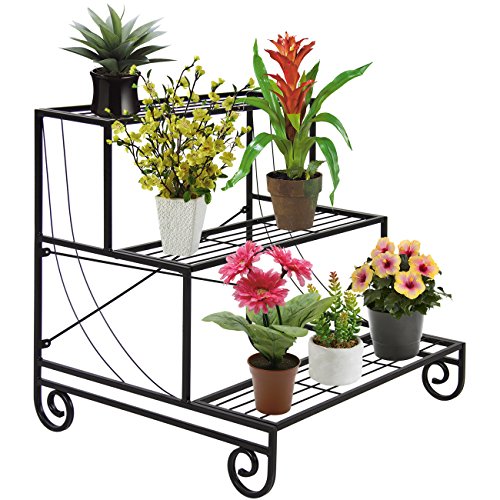 Best Choice Products 3-Tier Metal Raised Ladder Plant Stand Display, Indoor/Outdoor Decorative Planter Holder Flower Pot Shelf Rack – Black