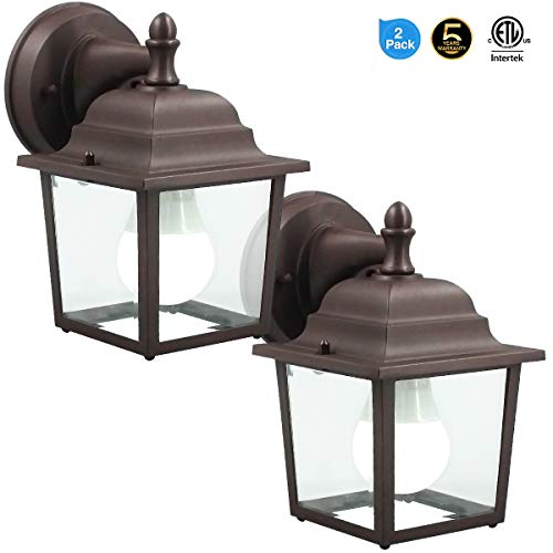 LED Wall Lantern, Wall Sconce 9.5W Replace 60-80W Traditional Lighting Fixtures, 810 Lumen, Water-Proof, Aluminum Housing Plus Glass, UL Include A19 Bulbs ，Brown for 2Pack 9047