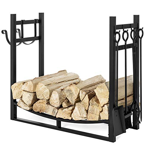 Best Choice Products 43.5in Steel Firewood Log Storage Rack Accessory and Tools for Indoor/Outdoor Fire Pit, Fireplace w/Removable Kindling Holder, Shovel, Poker, Grabber, Brush