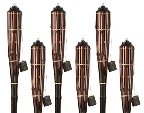 5 Star North Black Cherry/Espresso Stripe Bamboo Torches; Decorative Torches; Fiberglass Wicks; Extra-Large (16oz) Metal Canisters Longer Lasting Burn; Stands 59″ Tall (6 Pack)