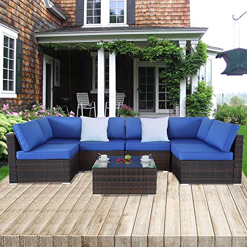 Outime Patio Sofa Brown Rattan Garden Sectional Sofa Set Outside Furniture Wicker Couch Outdoor Rattan Sofa Conversation Sets Royal Blue Cushions 7pcs