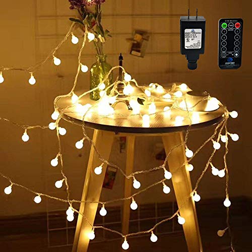 Globe String Lights,49ft 100 LED Warm White Waterproof Decorative Fairy String Lights for Indoor and Outdoor Use with RF Wireless Remote Controller Outdoor,29V Low Voltage Transformer,Extendable