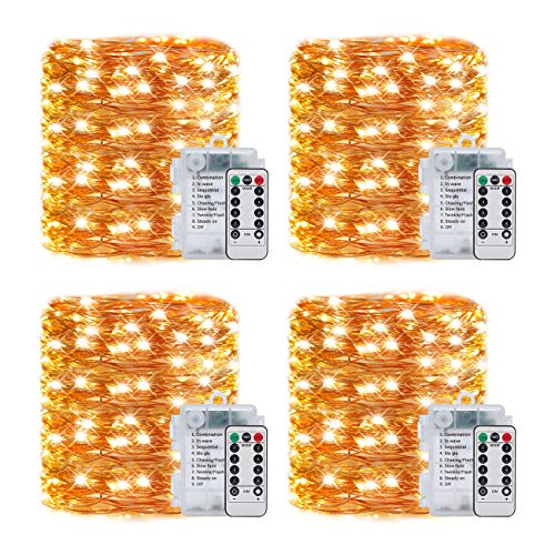 LEDIKON 4 Pack 33Ft 100 Led Fairy Lights Battery Operated Mini String Lights with 8 Modes Remote Control and Timer,Waterproof Firefly Twinkle Lights for Bedroom Wedding Chirstmas Decor(Warm White)