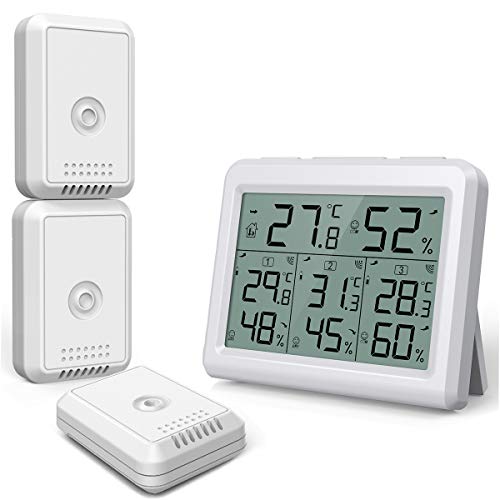 KeeKit Indoor Outdoor Thermometer Hygrometer, Digital Weather Station with 3 Wireless Sensors, Temperature Humidity Monitor with Audible Alarm, Min/Max Record for Home, Office, Restaurants, Bars, Cafe