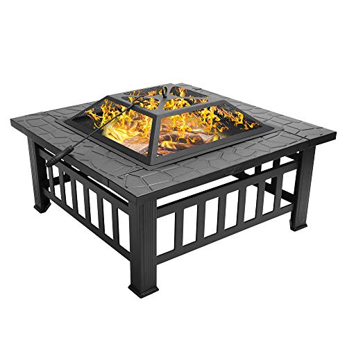 Bonnlo 32” Fire Pit Outdoor Wood Burning Table Backyard, Terrace, Patio, Camping – Includes Mesh Spark Screen Top and Poker