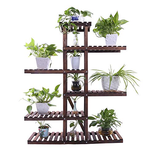 Ufine Carbonized Wood Plant Stand Holder Shelf 6 Tiers Higher Lower Level Shelf Space Saving Flower Display Rack for Gardening Patio Balcony Living Room Bathroom Indoor Outdoor Office