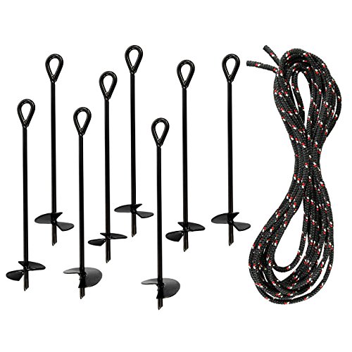 Ashman Black Ground Anchor (8 Pack) 15 Inches in Length and 10MM Thick in Diameter with 25 Feet of Rope