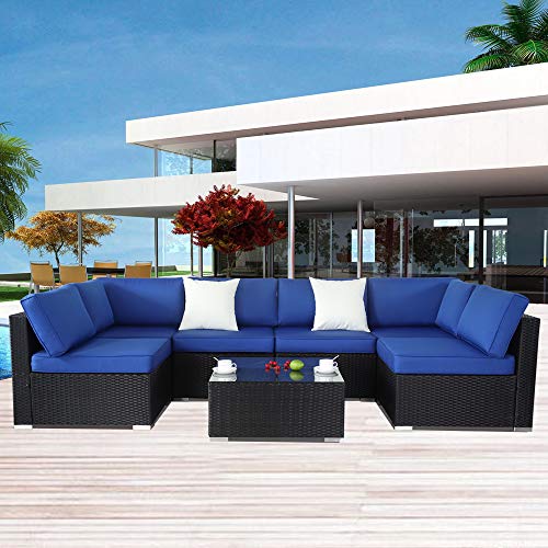 Patio Furniture Sofa Outside Couch PE Black Wicker 7pcs Garden Sectional Rattan Sofa Set Conversation Sets Party Sofa Royal Blue Cushion