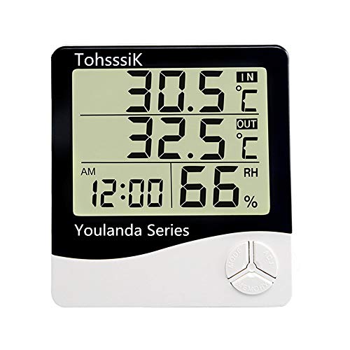 YOULANDA Large Display Indoor Outdoor Thermometer Digital Humidity Temperature Monitor with Alarm Clock