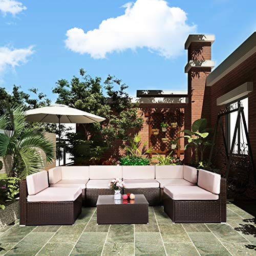 U-MAX 7 Pieces Patio PE Rattan Sofa Set Outdoor Sectional Furniture Wicker Chair Conversation Set with Cushions and Tea Table Brown