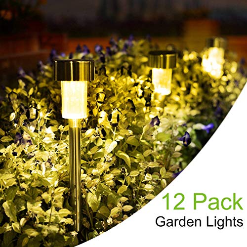 Cynkie Solar Garden Lights Outdoor 12 Pack, LED Solar Powered Pathway Lights, Stainless Steel Landscape Lighting for Lawn, Patio, Yard, Walkway, Driveway Warm White