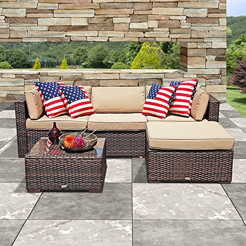 PATIORAMA Outdoor Furniture Sectional Sofa Set (5-Piece Set) All-Weather Brown PE Wicker with Beige Seat Cushions &Glass Coffee Table| Patio, Backyard, Pool| Steel Frame