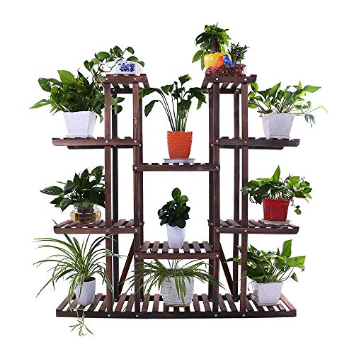 Ufine 9 Tier Wood Plant Stand 47.2”High Widen Carbonized 17 Potted Flower Pot Organizer Shelf Display Rack Holder for Patio Garden Indoor Outdoor Corner (Large Capacity,Heavy Duty)