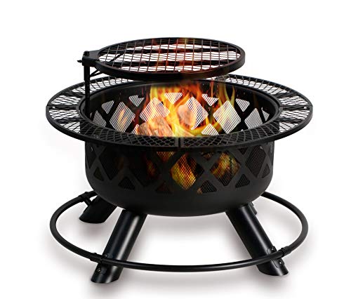 BALI OUTDOORS 32in Wood Burning Fire Pit Backyard Grill Set, Black, 24in