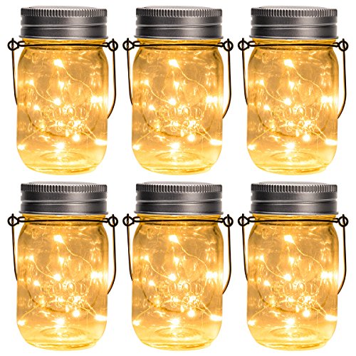 GIGALUMI Hanging Solar Mason Jar Lid Lights, 6 Pack 15 Led String Fairy Lights Solar Laterns Table Lights, 6 Hangers and Jars Included. Great Outdoor Lawn Décor for Patio Garden, Yard and Lawn.