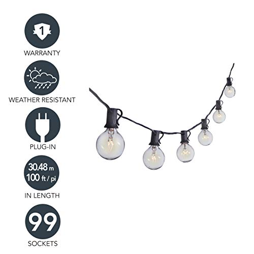 Sterno Home 100-Ft Clear Globe Outdoor String Lights G40 Bulbs on Black Cord – For Backyard, Weddings, Patio, Porch, Umbrellas, Tents, and more.