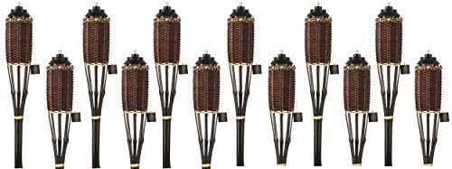 5 Star North Brown Weave Bamboo Torches; Decorative Torches; Fiberglass Wicks; Extra-Large (16oz) Metal Canisters for Longer Lasting Burn; Stands 59″ Tall (12 Pack)