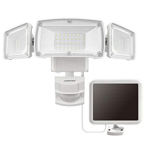 LEPOWER 1500LM Solar Lights Outdoor, Super Bright LED Motion Sensor Security Light, IP65 Waterproof, 6000K, 3 Adjustable Heads LED Flood Light, Automatic& Permanent On for Yard, Patio, Porch