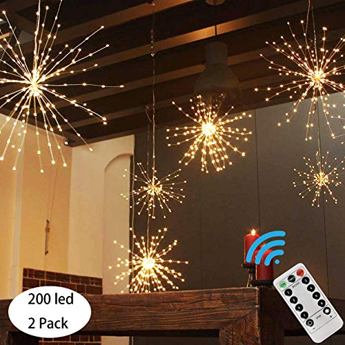 PXB 2 Pack Starburst Sphere Lights,200 Led Firework Lights, 8 Modes Dimmable Remote Control Waterproof Hanging Fairy Light, Copper Wire Lights for Patio Parties Christmas Decoration (Warm White)