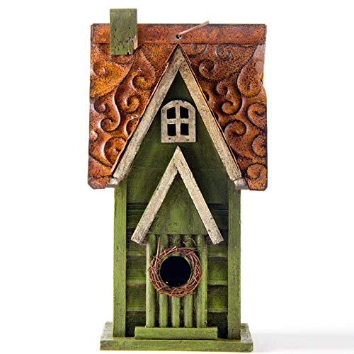 Glitzhome Tall Green Hand Painted Wood Birdhouse, 11.93″