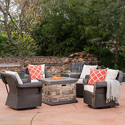 GDF Studio Augusta Patio Furniture ~ 5 Piece Outdoor Wicker Rocking Arm Chair and Propane (Gas) Fire Pit (Table) Set