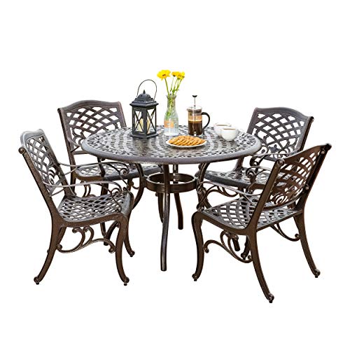 Hallandale Outdoor Furniture Dining Set, Cast Aluminum Table and Chairs for Patio or Deck (5-Piece Set)