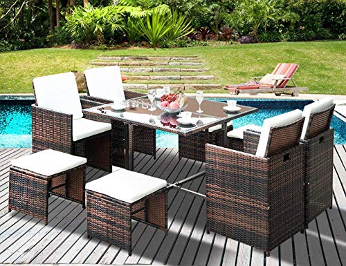 LZ LEISURE ZONE 9 Piece Patio Furniture Dining Set Outdoor Garden Wicker Rattan Dining Table Chairs Conversation Set with Cushions (9 Piece, Beige Cushion)