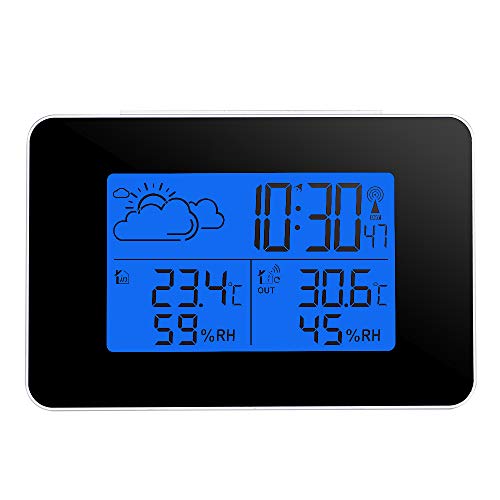 ONEVER Wireless Forecast Station, Indoor Outdoor Weather Station Indoor Outdoor Thermometer Wireless Temperature and Humidity Monitor with Backlight & Alarm Clock for Home Office