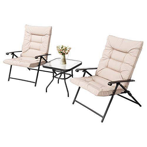 Lahaina 3-Piece Patio Padded Folding Chair Set Outdoor Adjustable Reclining Furniture Metal Sling Chair w/Coffee Table, Beige