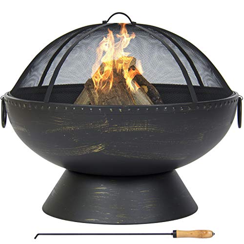 Best Choice Products 29.5in Outdoor Round Fire Pit Bowl for Porch, Patio, Deck w/Spark Screen, Wood-Handle Poker, Carrying Handles – Black