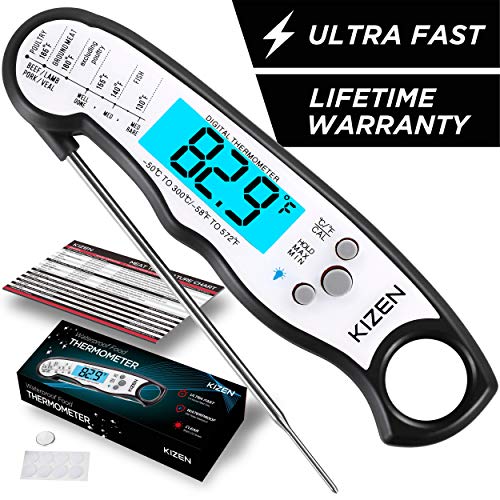 Kizen Instant Read Meat Thermometer – Best Waterproof Ultra Fast Thermometer with Backlight & Calibration. Kizen Digital Food Thermometer for Kitchen, Outdoor Cooking, BBQ, and Grill!