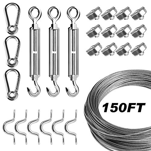 String Light Hanging Kit – Globe String Light Suspension Kit – with Great Durability and Rust Resistance for Patio, Outdoor String Lights-150ft with Turnbuckle and Hooks (Silver)