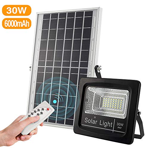 30W LED Solar Flood Lights Outdoor, Dusk to Dawn Solar Powered Street Light with Remote Control, 800 Lumen, IP67 Waterproof, Perfect for Yard, Garden, Garage, Pathway, Barn, Street