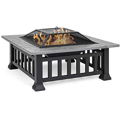 Best Choice Products 32in Outdoor Metal Square Table Top Wood Fire Pit w/Mesh Lid Cover, Weather Cover, Poker – Black