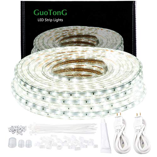 GuoTonG 50ft LED Light Strip kit,Waterproof, 6000K Daylight White,110V 2 Wire, Flexible, 900 Units SMD 2835 LEDs,UL Listed Power Supply