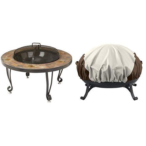 AmazonBasics 34-Inch Natural Stone Fire Pit with Copper Accents and Round Fire Pit Cover, Small