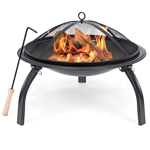 Best Choice Products 22in Portable Folding Outdoor Patio Steel BBQ Grill Fire Pit Bowl for Backyard, Camping, Picnic, Bonfire, Garden w/Screen Cover, Log Grate, Poker, Carrying Case – Black