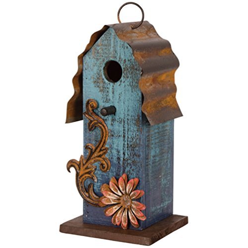 Carson – Aqua Blue w/ Red Flower Wood & Tin Roof 10″ Hanging Birdhouse
