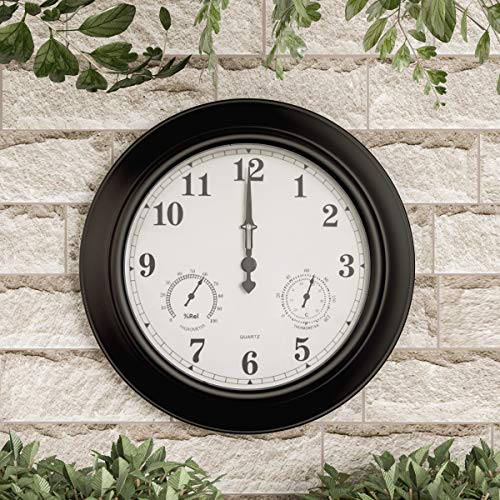 Pure Garden Wall Thermometer-Indoor Outdoor Decorative 18” Quartz Battery-Powered, Waterproof Clock, Temperature and Hygrometer Gauge, Black