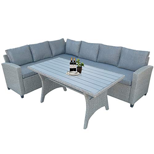 LZ LEISURE ZONE Patio Dining Table Set Outdoor Furniture PE Rattan Wicker Conversation Set All-Weather Sectional Sofa Set with Table & Soft Cushions (Grey)