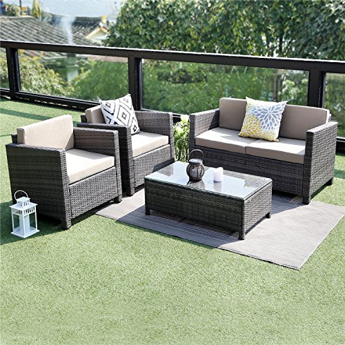 Wisteria Lane 5 Piece Outdoor Furniture Set,Patio Conversation Set Sectional Sofa All Weather Wicker Chair Loveseat Glass Table,Grey