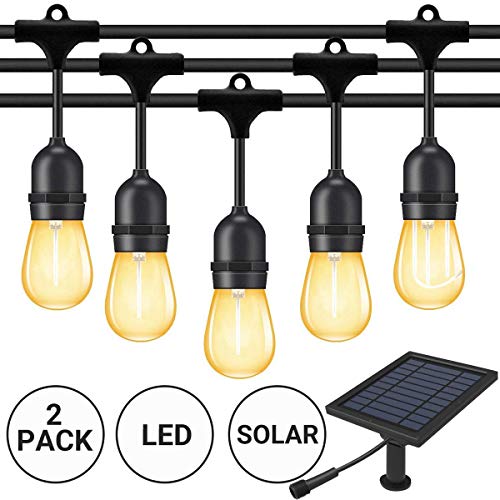 Fule Solar Outdoor String Lights,Heavy Duty S14 LED String Light 48FT,15 Hanging Sockets,1W Plastic Vantage Bulbs,Create Ambiance for Backyard Party Decoration/Cafe/Garden/Patio