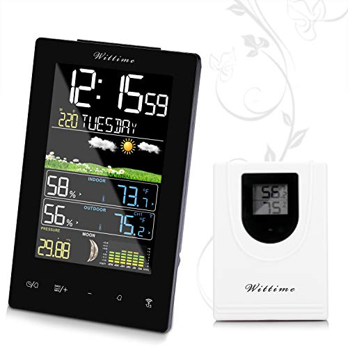 Wittime Latest 2078 Wireless Weather Forecast Station, Indoor Outdoor Thermometer, Digital Hygrometer with Sensor, Alarm Clock and Moon Phase,Touch Buttons, HD Display Screen