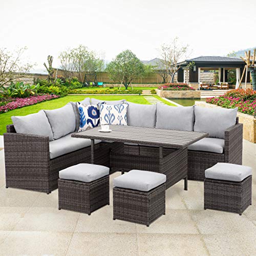 Wisteria Lane Patio Furniture Set,10 PCS Outdoor Conversation Set All Weather Wicker Sectional Sofa Couch Dining Table Chair with Ottoman,Upgrade Grey