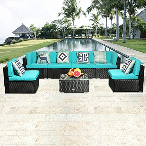 eclife Outdoor Rattan Sofa 7 PCS Set Patio PE Wicker Black Sofa Couch Furniture Set Removable Cushions W/ 6 Pillows and Tea Table (7PCS Turquoise)