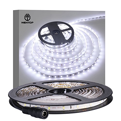WenTop Waterproof Led Strip Lights SMD 3528 16.4 Ft (5M) 300leds 60leds/m White Flexible Tape Lighting Tape Lights in DC Jack for Boats, Bathroom, Mirror, Ceiling – Not Include Power Supply