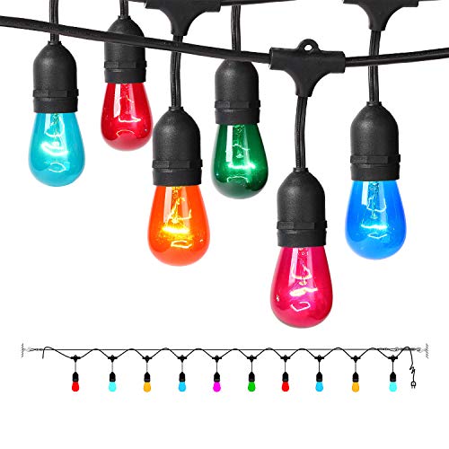 Colored Outdoor String Lights, 17.3Ft Weatherproof Connectable Multicolored Commercial Lighting Strands with 10 Hanging Sockets and 12 S14 Bulbs for Patio Bistro Porch Garden Deck Café or Party