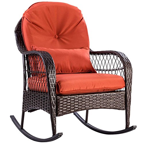 Tangkula Wicker Rocking Chair Outdoor Porch Garden Lawn Deck Wicker Rocker Patio Furniture w/Cushion (Colourful Cushion)